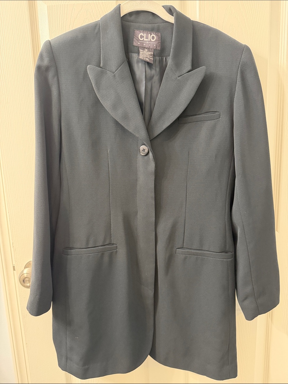Clio Vintage Women's Charcoal Grey Button Front Long Blazer / Jacket Size 12